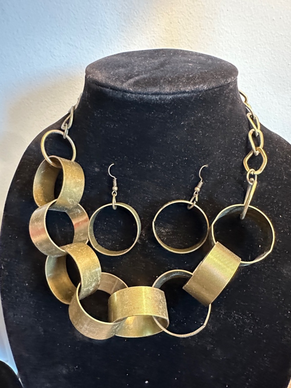 Bold Brass -Tone Statement Link Necklace & Hoop Earring Set